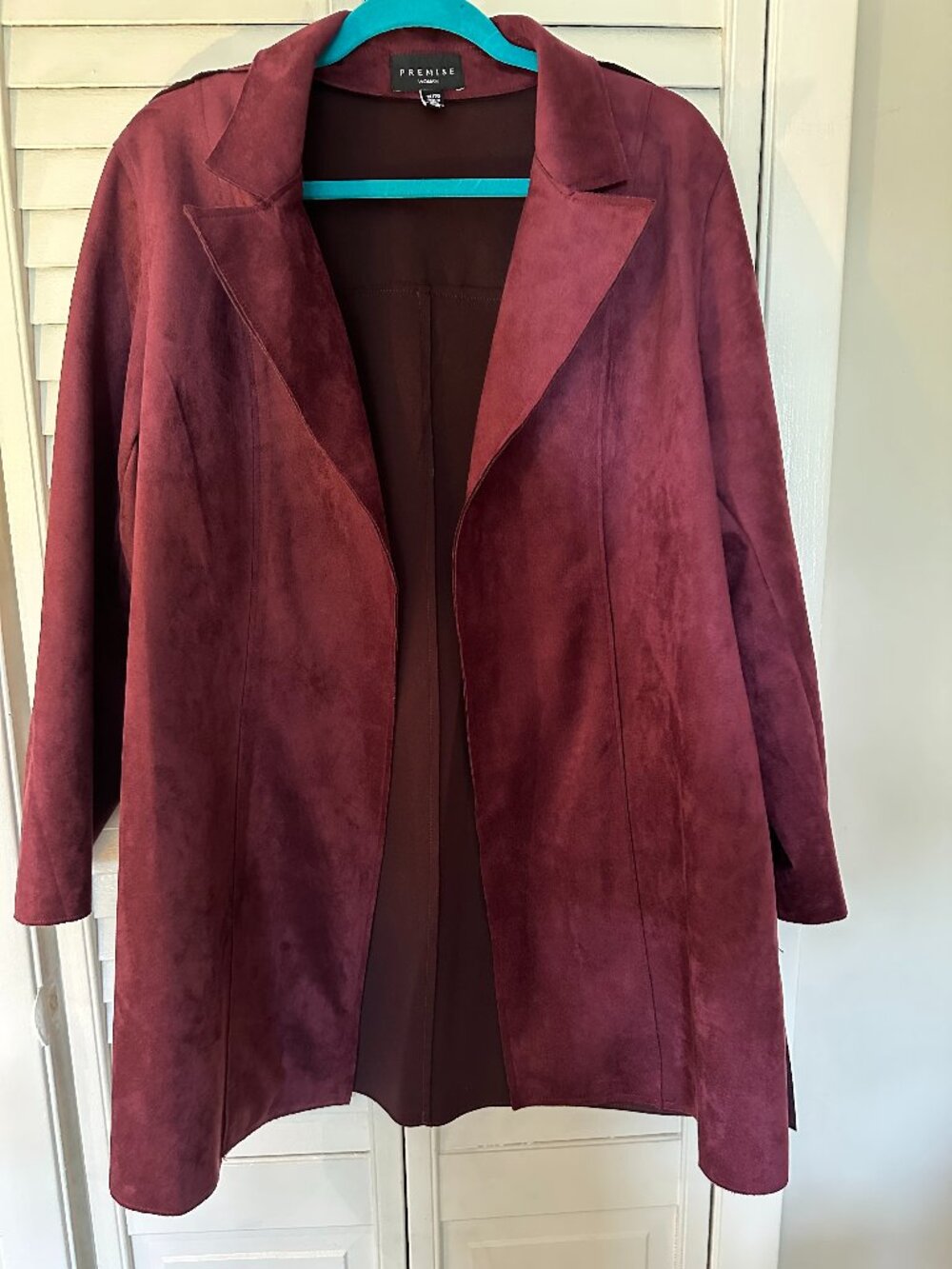Premise Woman 1X Wine Burgundy Faux Suede Longline Open Front Jacket